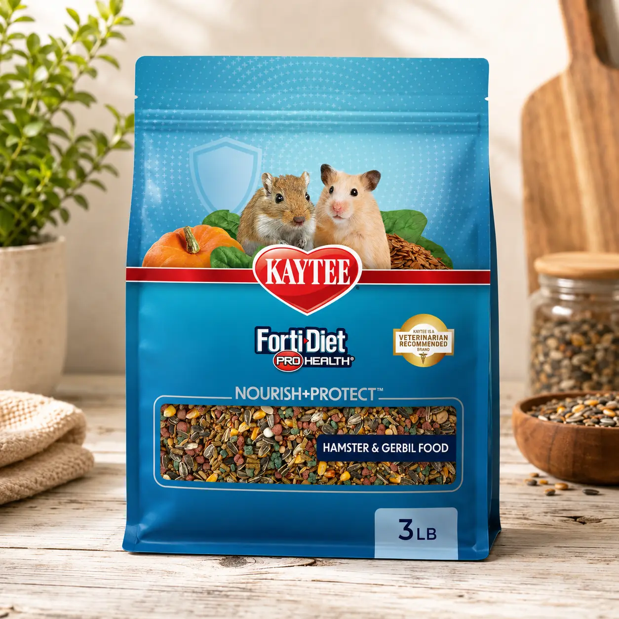 Kaytee Forti-Diet Pro Health Nourish+Protect Hamster & Gerbil Food, Science-Backed Comprehensive Nutrition, Digestive Health Support, Immune Support, 3 lbs