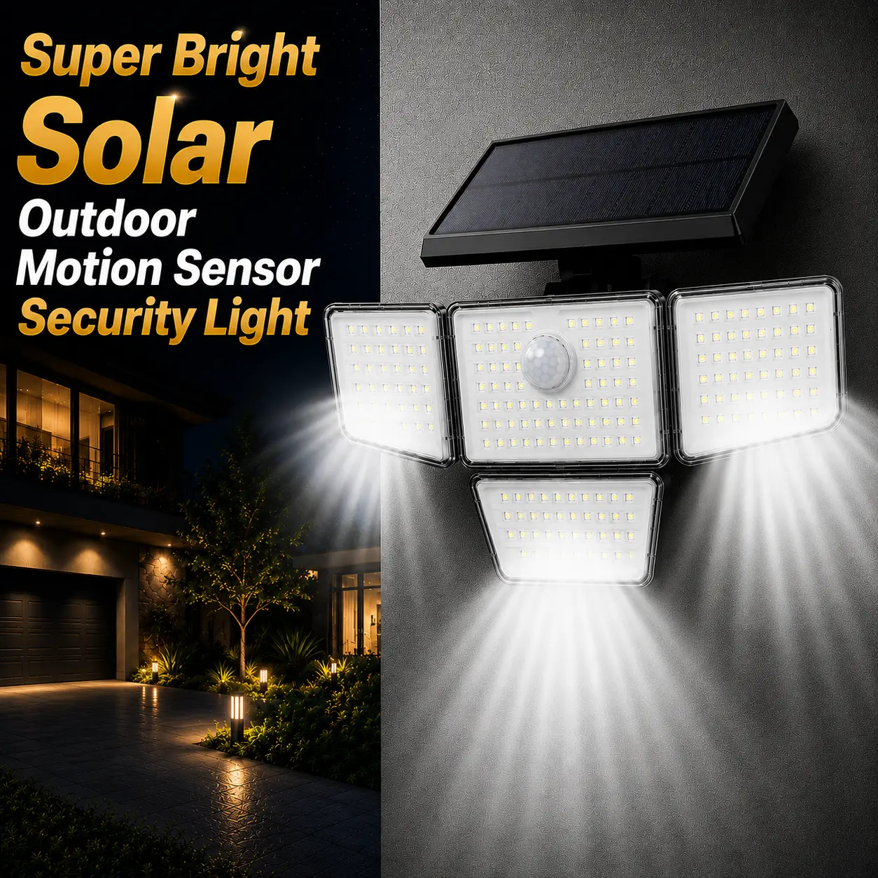 Solar Motion Sensor Security Light, 3000LM 212LED Super Bright Flood Light, 4 Adjustable Heads, 3 Lighting Modes, IP65 Waterproof, Remote Control for Yard Garage Garden Patio Driveway