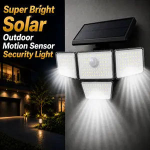 Solar Motion Sensor Security Light, 3000LM 212LED Super Bright Flood Light, 4 Adjustable Heads, 3 Lighting Modes, IP65 Waterproof, Remote Control for Yard Garage Garden Patio Driveway
