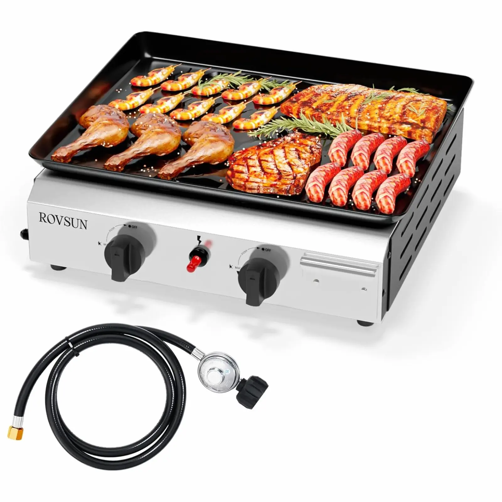 MEFEIR 2 Burner Portable Propane Griddle with Nonstick Enameled Tray, 20,000 BTU Tabletop Flat Top Gas Grill with Electronic Ignition & Regulator for Outdoor Cooking Camping BBQ Tailgating Picnicking