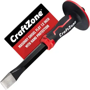 Heavy Duty Flat End Rock Concrete Mortar Stone Brick Chisel with Protective Hand Guard for Breaking Carving Splitting Cutting Mason Tools (12-Inch)
