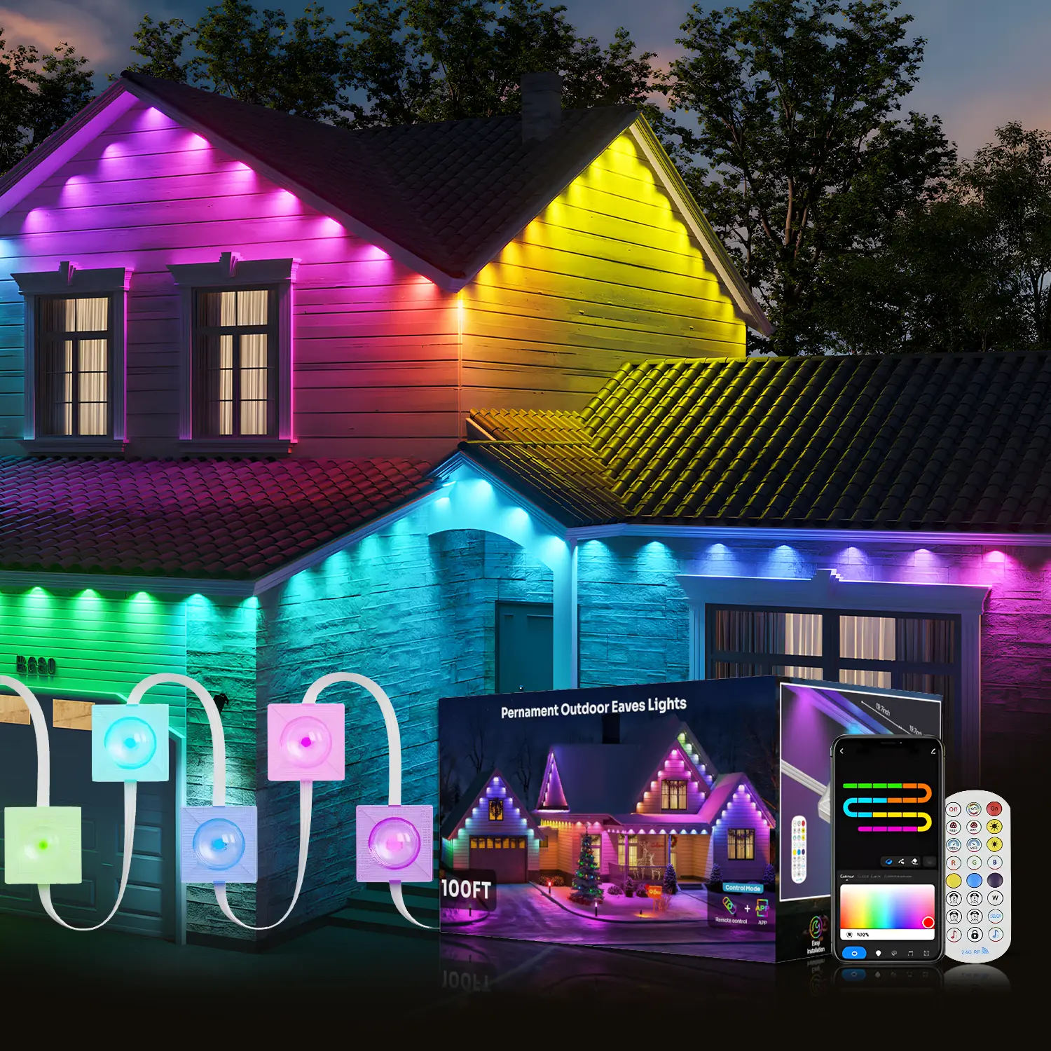 HYPERLITE Low Profile WiFi LED Strip Lights - IP68 Waterproof Outdoor RGB IC Eaves Strips, App & Remote Control, Energy-Saving Timer, Music Sync Mode, 75 Pre-Set Lighting Scenes, Temperature Resistant DIY Home Roof Decor for BBQs, BackToSchool