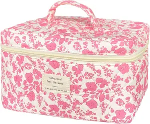 Pink Large Quilted Floral Makeup Bag Cute Soft Coquette Aesthetic Cosmetic Bag Cotton Travel Toiletry Bag for Women