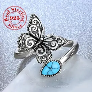 Bohemian Dragonfly Ring, 925 Sterling Silver Adjustable Ring, Butterfly Engraving and Sky Blue Gemstone Inlay, Unisex Jewelry, All Seasons Accessory