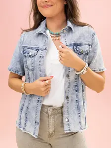Women's Short Sleeve Denim Jacket with Buttons, Spandex-Polyester Blend, DD Design, S-3XL Tops