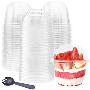 50 Pack 10oz Plastic Cups with Dome Lids(No Hole) and Sporks,Disposable PET Parfait Cups,Crystal Dessert Cups for Pudding,Snacks,Ice Cream,Yogurt