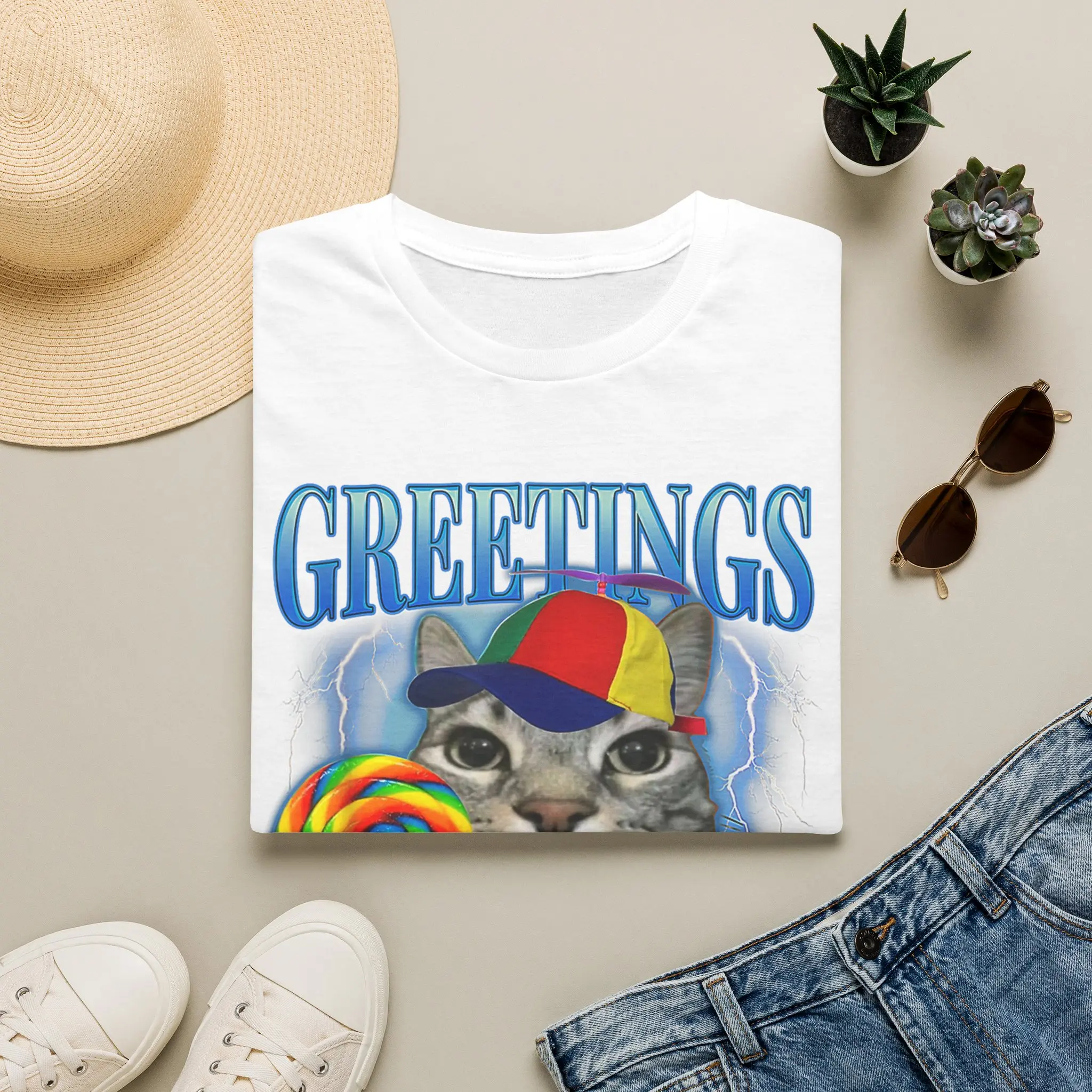 Greetings Cat with Rainbow Lollipop T-Shirt | Retro Cute Graphic Tee