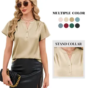 Funlingo Women's Silk Satin Tops Dressy Casual Ruffle Short Sleeve Blouses Summer V Neck Pleated Button Down Shirts Multiple Color Stand Collar