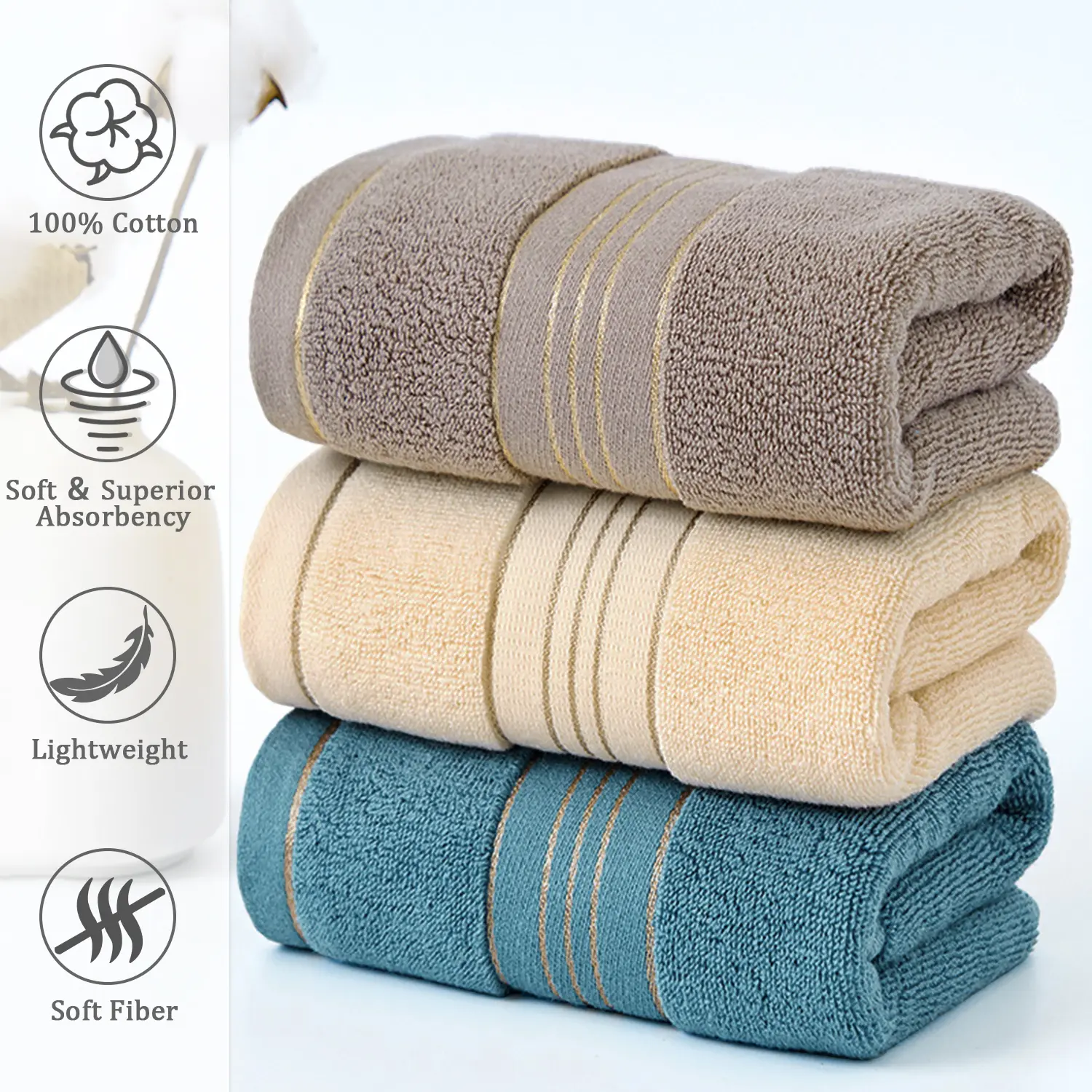 3 Pcs Hand Towels Set, 28.34*12.59 inch, 100% Cotton Soft, Premium Lightweight and Highly Absorbent Towels for Bathroom, Travel, Camp, Hotel, and Spa