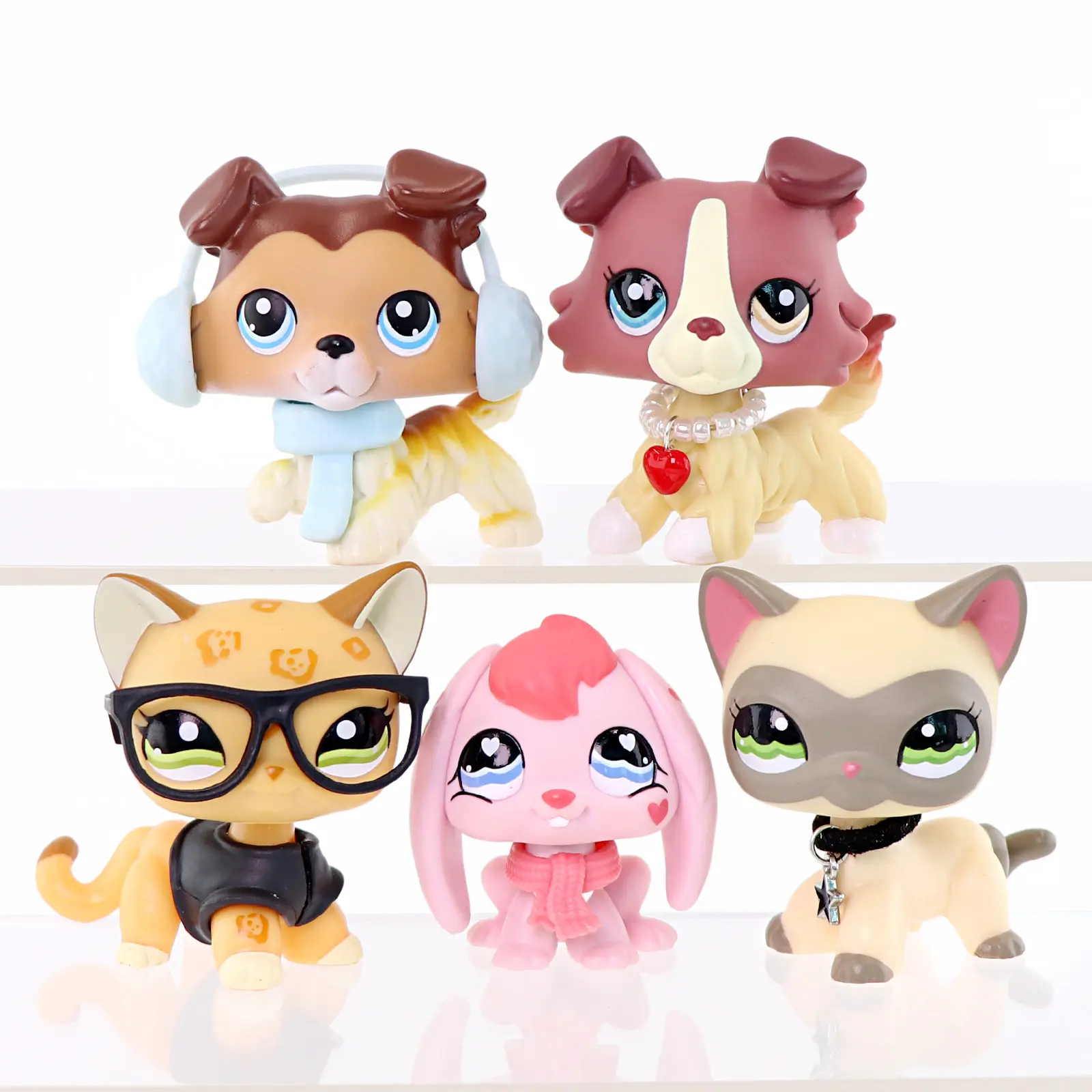 5 pcs Cute Pet Animal Figure Set, Bobble‑Head Cat Dog Collectible Figurines with Accessories, Kids Play Toy, Gift for Girls Collectors