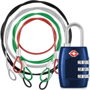 TSA Approved Lock and 4 Colors Stainless Steel Safety Tether，3-Dial Combination Travel Luggage Lock with Lanyard Security Cable for Protect Your Different Sizes of Suitcase,Baggage-Deep Blue
