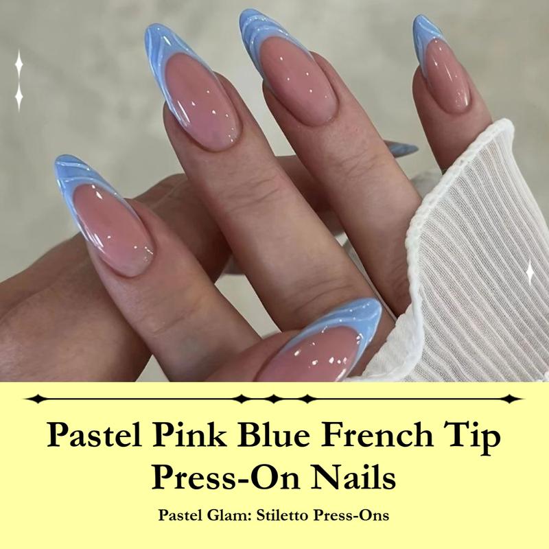 Valentine's Day Limited Pastel Pink & Blue French Tip Press On Nails | Luxury Stiletto 24Pcs Reusable with Free Jelly Glue & File Transferable
