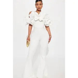 Women's Ruffle Affair Overalls Set - White, Chic Polyester-Spandex Shell Fabric, Zipper Closure