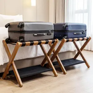 Set of 2 Folding Luggage Rack for Guest Room, Folding Luggage Stand & Suitcase Holder, Heavy Duty Wooden Luggage Rack with Double Shelf for Hotel & Bedroom, 5 Heavy Duty Straps, Walnut HLR012WB2