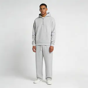 Unisex Fitted Two-Piece Sweatshirt Set with Half-Zip Hoodie & LoosePants in Thick Knit Fabric for Everyday Casual Sports