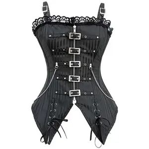 Overbust Corset Women Sexy Gothic Corselet Striped Zip Buckled Steampunk Bustier Top Vest Punk Rock Style Clothes
