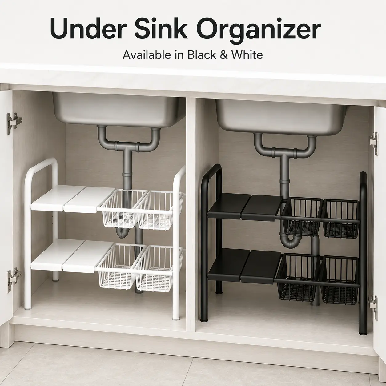 Under Sink Organizer, Expandable 2-Tier Adjustable Storage Rack with Baskets for Kitchen, Bathroom and Laundry Room