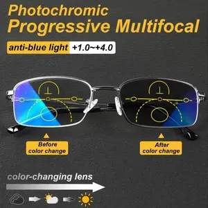 Photochromic, Progressive Multifocal Reading Glasses, Near and Far, Clear Vision, Half-Rim Tough Frame.Photochromic, Progressive Multifocal Reading Glasses,Near and Far,Clear Vision, Half-Rim Tough Frame.Christmas gift. Comes with an eyeglasses case.