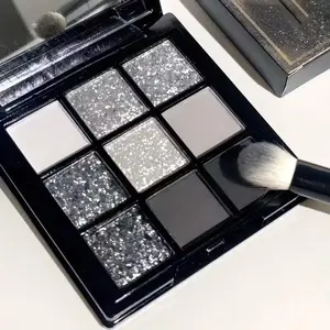 Black and gray smoky 9-color, Shimmering Cosmetic Eyeshadow palette - gray and silver metallic matte finish, gothic cement tones, for eye makeup, finely milled and non-falling powder, suitable for music festivals, parties