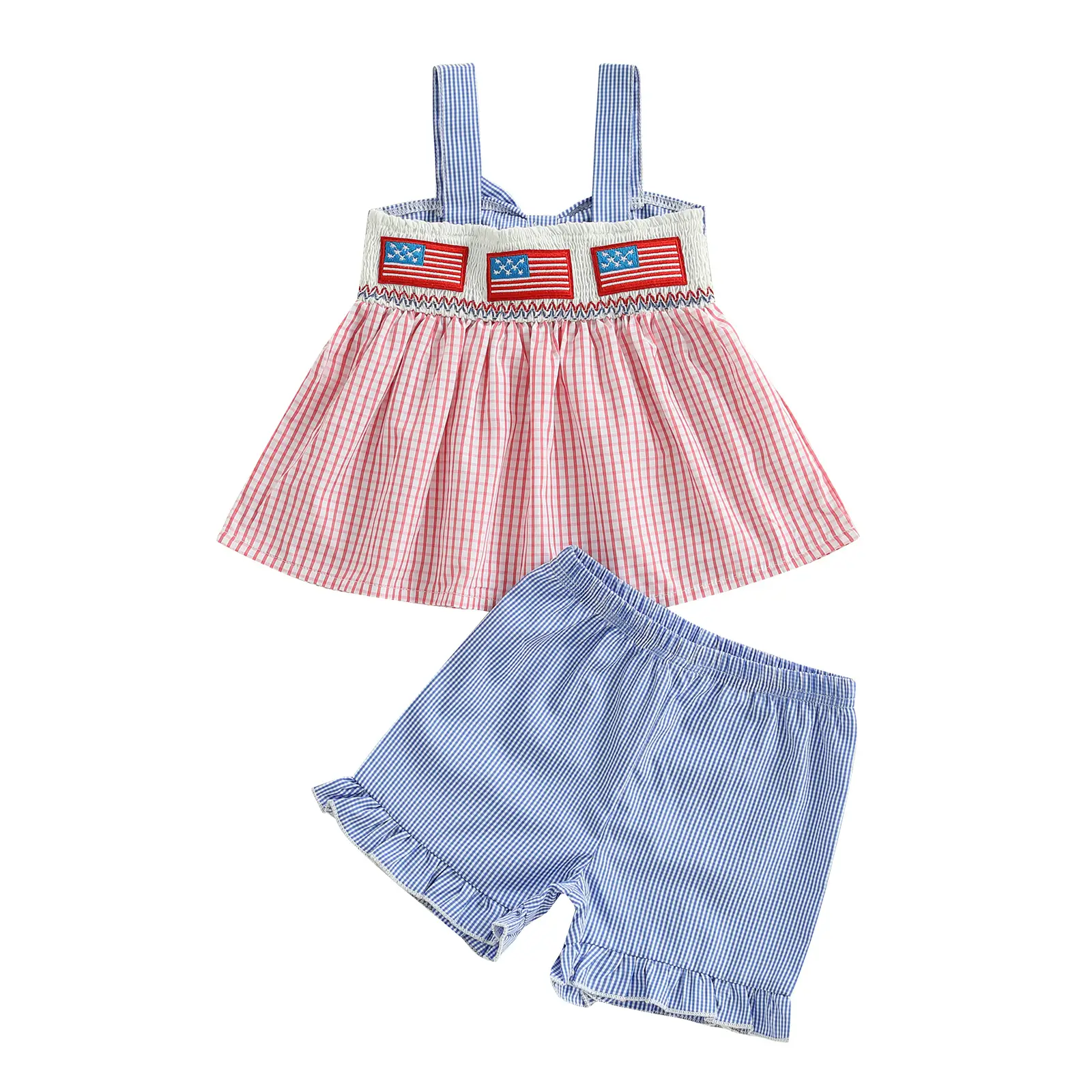 Toddler Baby Girl 4th of July Outfit US Flag Embroidery Plaid Sleeveless Tank Tops with Shorts Cute Summer Independence Day Clothes