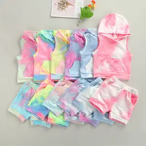 Unisex Baby Boys Girls Tie Dye Outfits Sleeveless Hooded T-Shirt Tops + Pockets Shorts Newborn Summer Casual 2Pcs Sets 0-3T