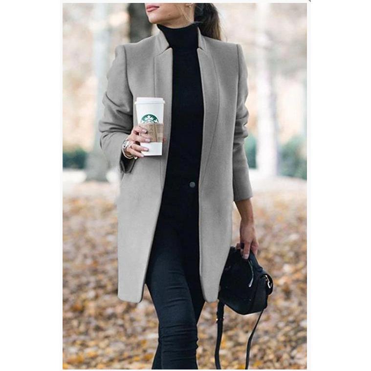 Women's Solid Color Collar Long-Sleeve Woolen Coat, Basic Navy Style, Polyester-Blend Fabric Women's Solid Color Collar Long-Sleeve Woolen Coat, Basic Navy Style, Polyester-Blend Fabric