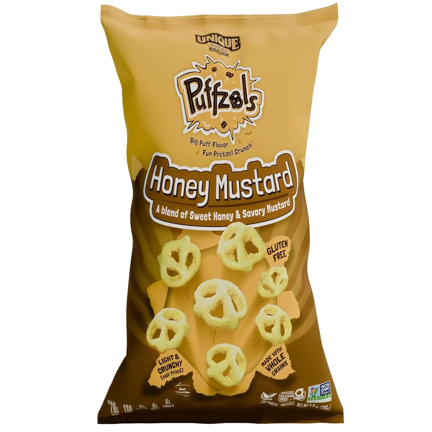 Unique Snacks Puffzels, Sweet Honey and Savory Mustard Flavor with a Fun Pretzel Crunch, Gluten-Free Snacks, 4.8 Oz. Snack Bag, Pack of 6, Honey Mustard