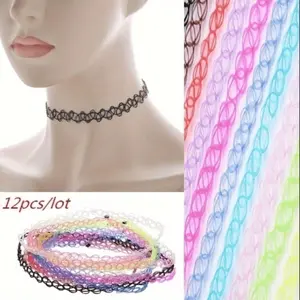 12/24pcs King Gothic Punk Vintage Necklace with Elastic Hollow Design for Women - Edgy and Unique Accessory for Any Outfit, Party Vintage