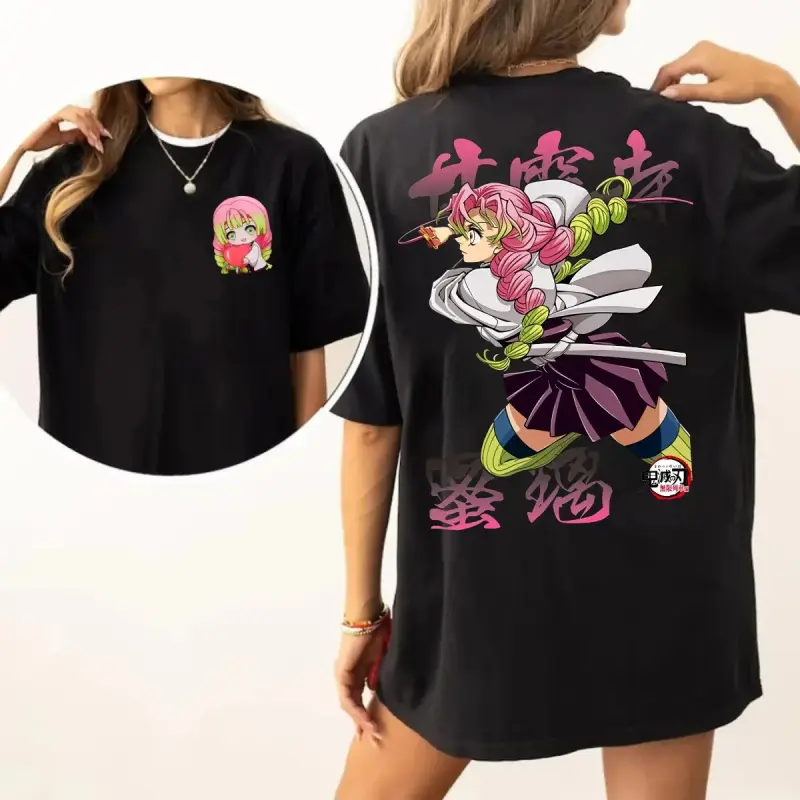 Women's Demon Slayer Mitsuri Kanroji Graphic Knitted Garment, Oversized Short-Sleeve Cotton Sports Top for Halloween, Party, Day - Japanese Manga Casual Tee, Shortsleeve