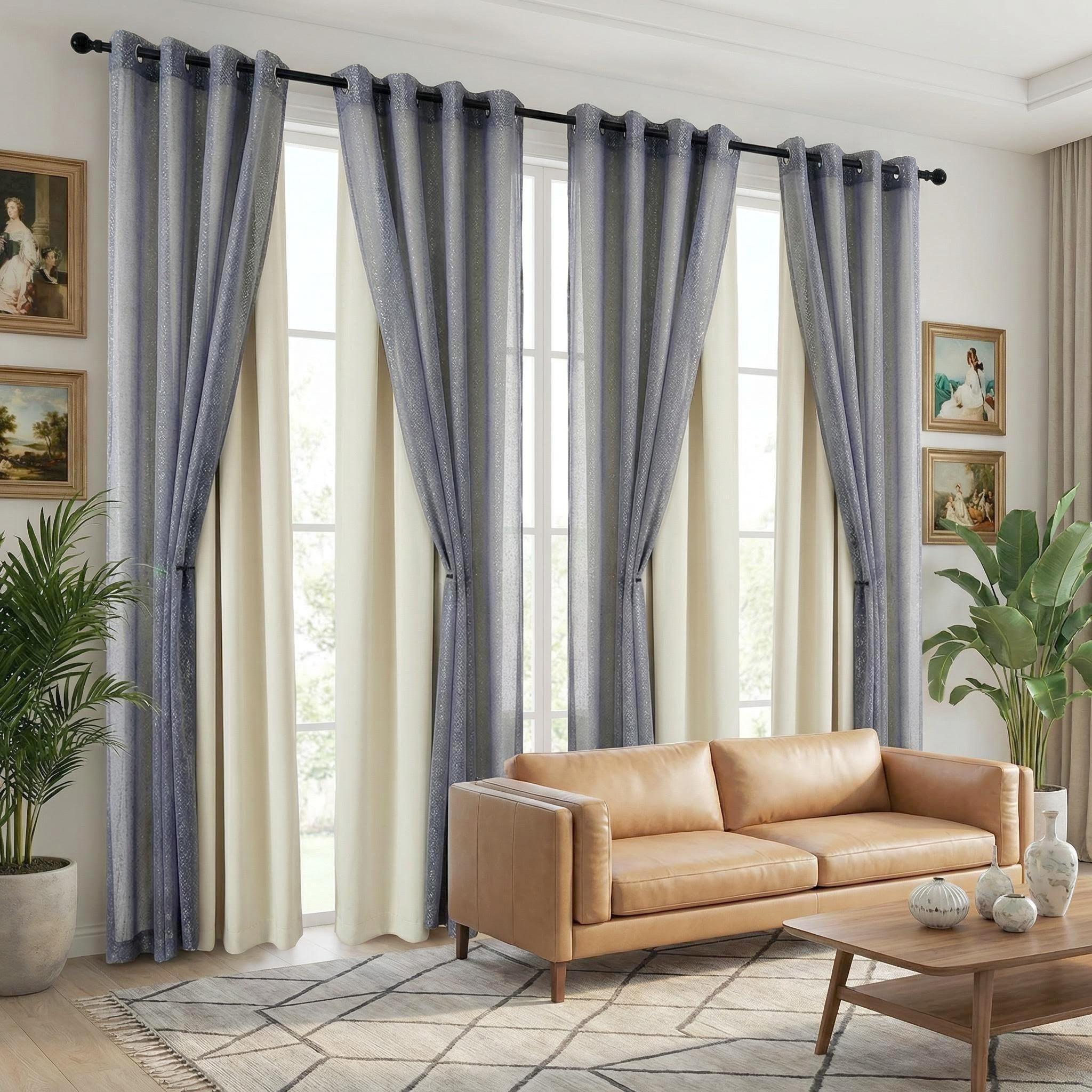 Curtain Club 8 Panels 52x84inch Curtain Fabric + Chiffon Set: 4 panels are plain blackout fabric, 4 panels are chiffon. With silver heat transfer finish, allowing light to pass through. The set can provide both blackout and decorative effects. FT2599+L28