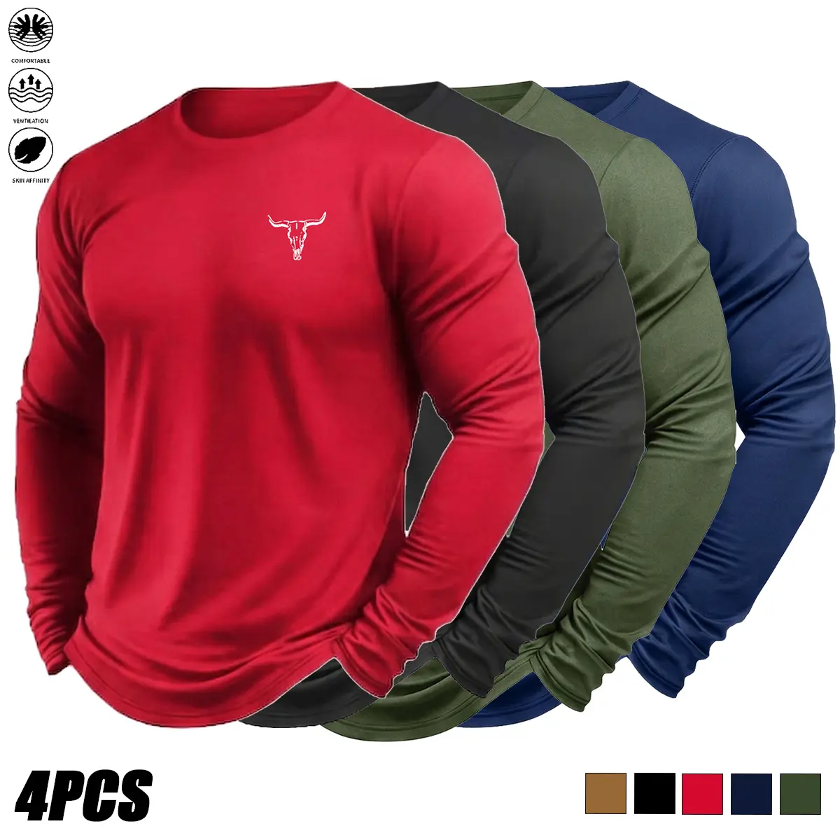 Men’s crew neck quick-dry long-sleeve sports T-shirt set of 4; simple and versatile; comfortable men’s base layer shirt; men’s moisture-wicking quick-dry running training apparel suitable for outdoor activities, workouts, fitness, and running.