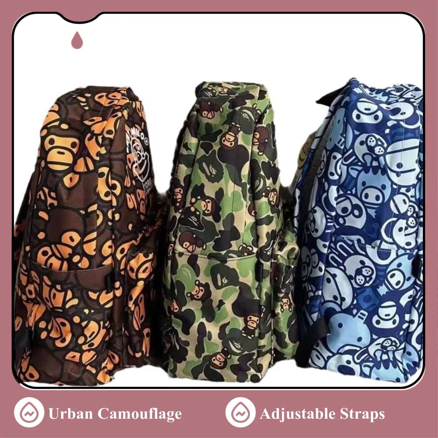 Urban Monkey Men's Camo Fashion Backpack - Large Capacity Casual Laptop Bag, Travel Daypack with Cartoon Graphic