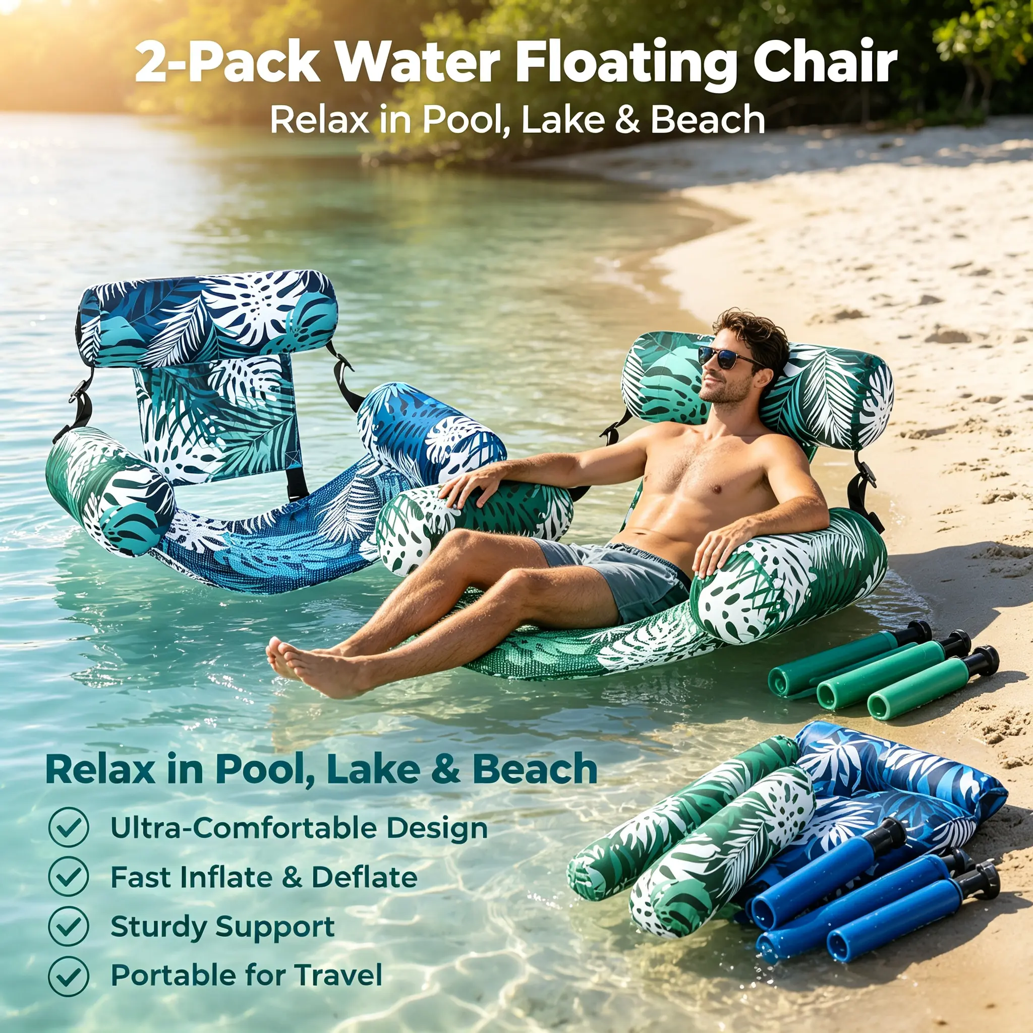 2 Pack Tropical Monstera Water Hammock Floating Chair, Thick Wear Resistant Inflatable Pool Lounger with Padded Backrest, Quick Dry Mesh Tanning Float, Portable Foldable Water Raft for Adult Pool Lake Summer Sunbathing Parties