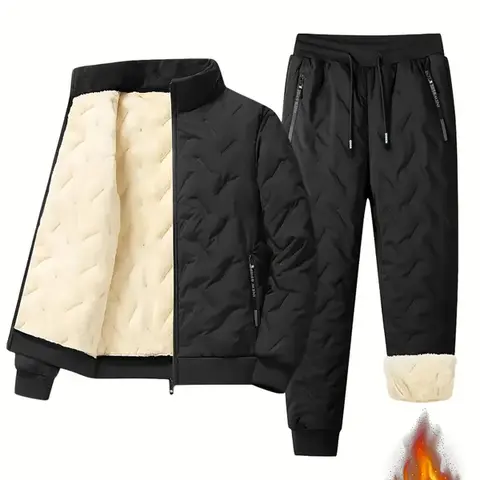 Men's 2-Piece Sherpa Fleece-Lined Thick Stand Collar Long Sleeve Solid Tracksuit Set - Autumn Winter Sports Casual Wear, Unisex Fit Men's Clothing for Outdoor Athletic Training