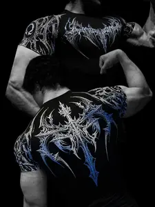 Men's New High Elasticity Fitness T-Shirt, Venom Print Dark Style Sports Short Sleeve Cycling Vest, Casual Gym Wear, Gym Shirts