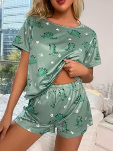 Women's Summer Pajamas Cartoon Dinosaur Print Short Sleeve Shorts Casual Home Clothes Two-piece Set Loungewear Nightwear Soft Womenswear Cute Day pajama sets women halloween pajamas