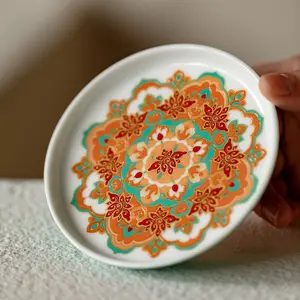 A44 Chinese chinoiserie Dunhuang flying apsaras ceramic tea tray luxury turquoise green dry brewing tea plate tea saucer