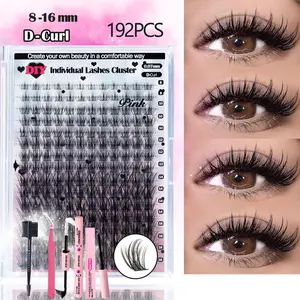 192pcs DIY Cluster Lash Extensions & Full Volume Kit, Individual Lashes Cluster, Classic Style Cluster Lashes, Full Volume Cluster DIY Eyelashes with Bond&Seal Glue, Lash Remover Oil, Brush, Tweezers, 0.07mm D Curl Mix Lengths, Thick Cluster