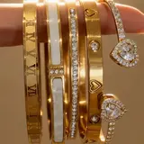 5-Piece 18K Gold-Plated Stackable Bracelet Set, Roman Numerals, Cubic Zirconia, Heart Designs, Hypoallergenic Stainless Steel Jewelry for Women, Exquisite Bracelet