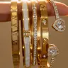 5-Piece 18K Gold-Plated Stackable Bracelet Set, Roman Numerals, Cubic Zirconia, Heart Designs, Hypoallergenic Stainless Steel Jewelry for Women, Exquisite Bracelet