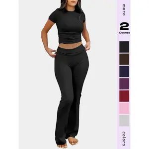 Women’s Y2K-style two-piece fitted casual set featuring a cinched waist and flared pants, plus a short-sleeved top—summer fashion