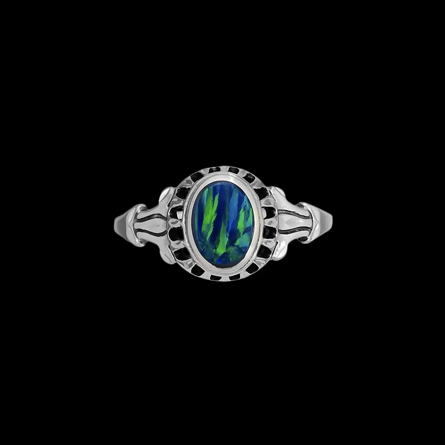Size 9 - Diamond Cut Oval Blue Opal Cabochon Ring, 925 Sterling Silver Sectioned Crown Heart Design, Handmade Gemstone Jewelry, Solitaire Birthstone Band
