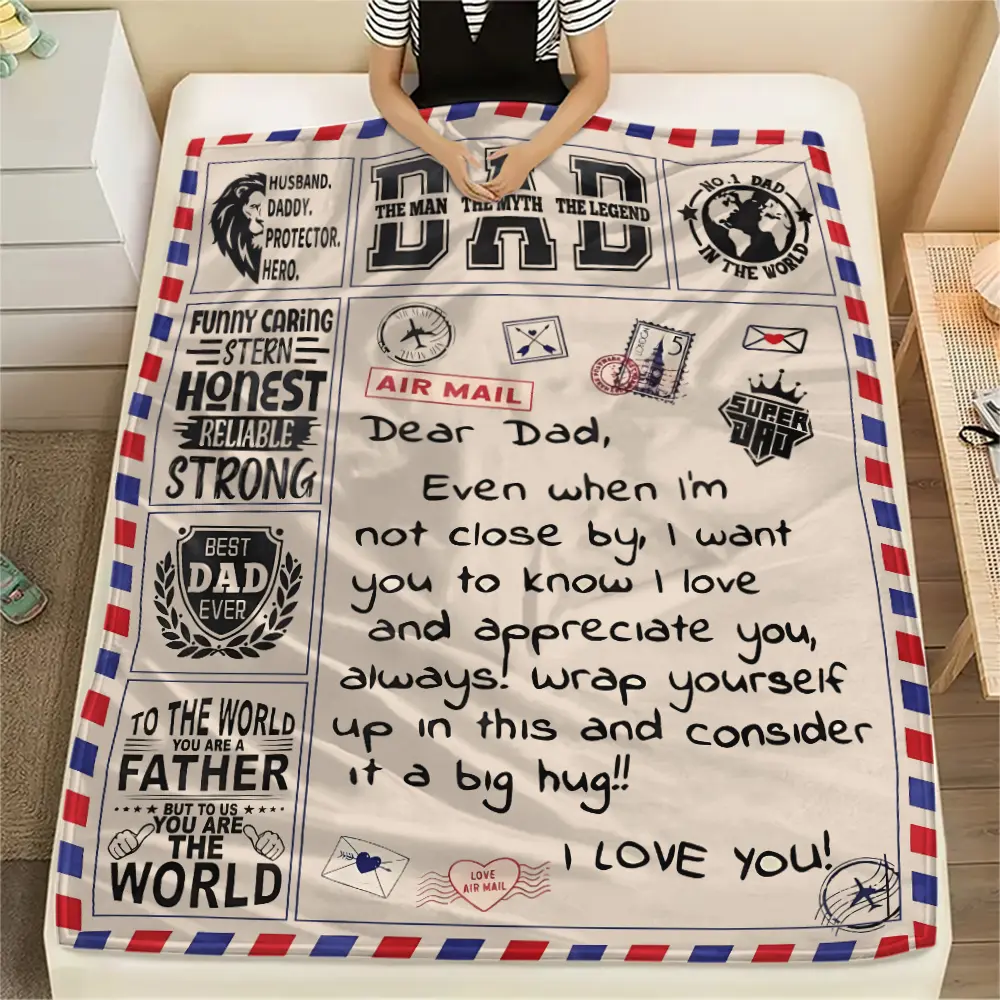 Air Mail "Dear Dad" Tribute Throw Blanket - Vintage Airmail Postcard Print Flannel Blanket, Cozy Soft Blanket with "Wrap Yourself Up In This And Consider It A Big Hug" Poem, Perfect Father's Day Gift