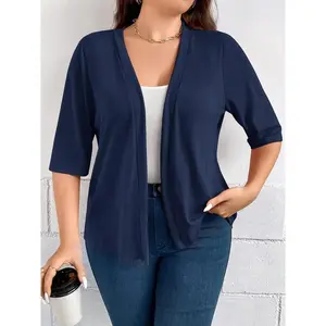 Plus Size Solid Color Half Sleeved Cardigan, a casual and comfortable open-front outerwear piece for autumn and winter, suitable for everyday wear in women’s clothing GARMENTARY
