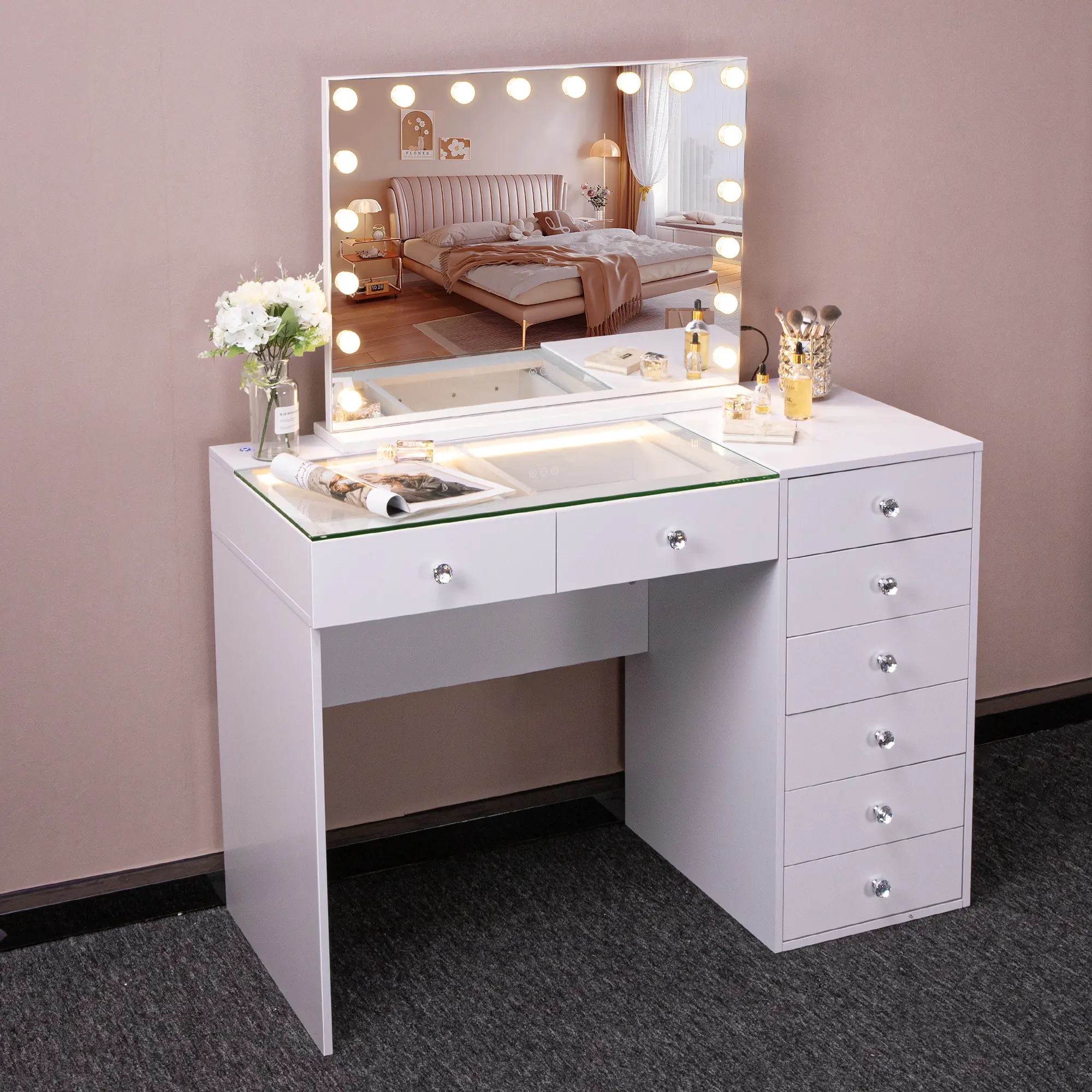 VANITII Large Vanity Desk with 32×23'' Hollywood Makeup Mirror, Makeup Vanity Table with 8 Drawers Bedroom Dressing, Modern Dressing Table for Women & Girls