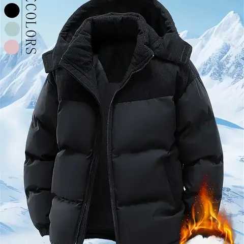 Men's Winter Hooded Jacket - Removable hood, colorblock design, warm wool-lined coat, zipper closure, casual style for cold weather, winter jacket, suitable for couples, windproof and machine washable coat Cotton Fleece Menswear Outdoor Thick