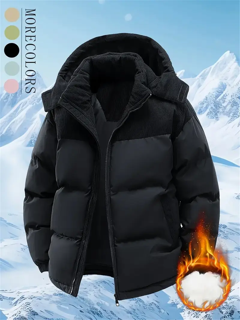 Men's Winter Hooded Jacket - Removable hood, colorblock design, warm wool-lined coat, zipper closure, casual style for cold weather, winter jacket, suitable for couples, windproof and machine washable coat Cotton Fleece Menswear Outdoor Thick