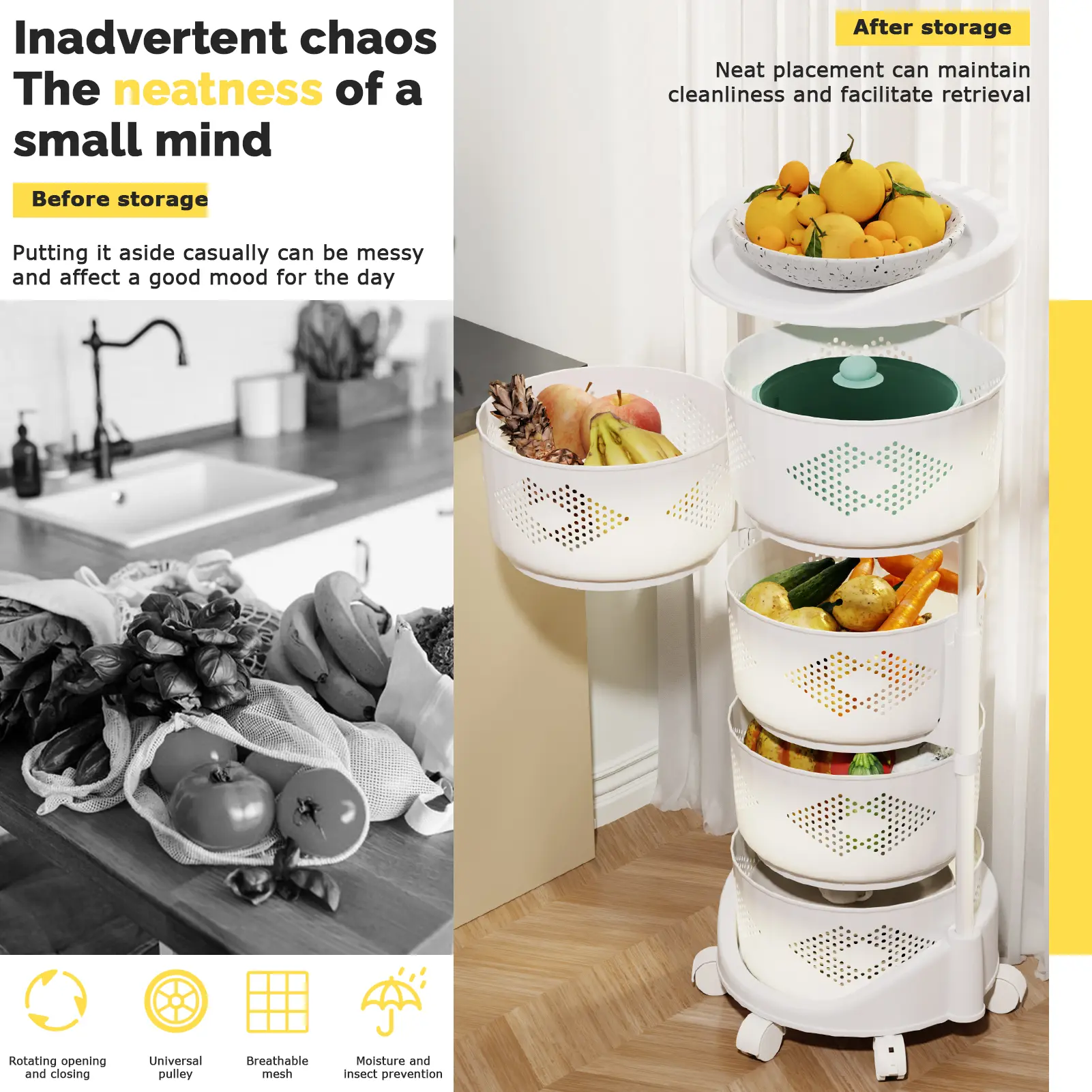5-Tier Hollow Kitchen Storage Organiser Cart, 360-Degree Circular Rotating Basket Rack with 360-Degree Wheels for Kitchen Use