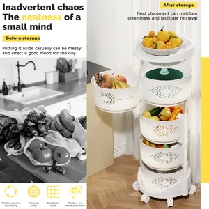360 Degree Kitchen Storage Cart, 5 Tier Circular Rotating Basket, Large Storage Rack with 360 Degree Wheels, Fruit Vegetable Shelf, Rotatable Basket for Kitchen Bathroom