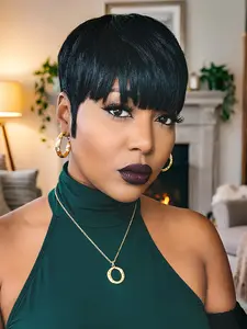 99J Color Pixie Cut Wigs Brown Human Hair Wigs For Women Straight Pixie Wig With Bangs Party Daily Wear